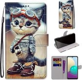 Voor Samsung Galaxy A02 / M02 Gekleurde Tekening Cross Textuur Horizontale Flip PU Lederen Case met Houder & Kaartsleuven & Portemonnee & Lanyard (Leren Schoenen Kat)