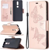 Voor Nokia 2.4 Twee Vlinders Embossing Patroon Horizontale Flip Leren Case met Houder & Kaartsleuf & Portemonnee & Lanyard (Rose Goud)