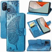 Voor OnePlus Nord N100 Butterfly Love Flower Reliëf Horizontale Flip Leren Case met Beugel / Kaartsleuf / Portemonnee / Lanyard (Blauw)