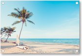 Surfplank met palmboom op tropisch strand - vintage kleurtoon - Tuinposter 90x60 - Wanddecoratie - Landschap - Natuur