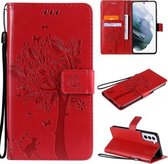Voor Samsung Galaxy S21 + 5G Tree & Cat Pattern Pressed Printing Horizontale Flip PU lederen tas met houder & kaartsleuven & portemonnee & lanyard (rood)