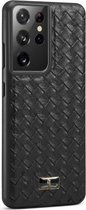 Voor Samsung Galaxy S21 Ultra 5G Fierre Shann Lederen Textuur Telefoon Cover Case (Geweven Zwart)