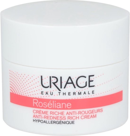 Witte pot met roze en rode tekst. Bovenop staat Uriage Roséliane.