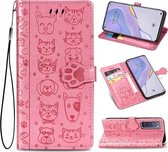 Voor Huawei Nova 7 Mooie Kat en Hond Embossing Patroon Horizontale Flip Leren Case, met Houder & Kaartsleuven & Portemonnee & Cartoon Sluiting & Lanyard (Roze)