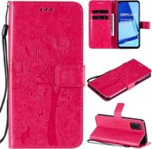 Voor Oppo A52 / A72 / A92 Boom & Kat Reliëfpatroon Horizontale Flip Leren Hoes met Houder & Kaartsleuven & Portemonnee & Lanyard (Rose Rood)