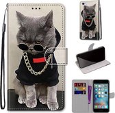 Gekleurde tekening Cross Texture Horizontale Flip PU lederen tas met houder & kaartsleuven & portemonnee & lanyard voor iPhone 6 / 6s (B09 Golden Chain Grey Cat)