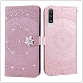 Voor Galaxy A50 Geperst Afdrukken Steken Boorpatroon Horizontale Flip PU-lederen Case met Houder & Kaartsleuven & Portemonnee & & Lanyard (Roze)