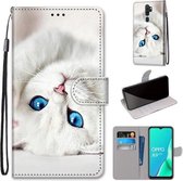 Voor OPPO A9 (2020) / A5 (2020) / A11X / A11 Gekleurde tekening Cross Texture Horizontale flip PU lederen tas met houder & kaartsleuven & portemonnee & lanyard (White Kitten)
