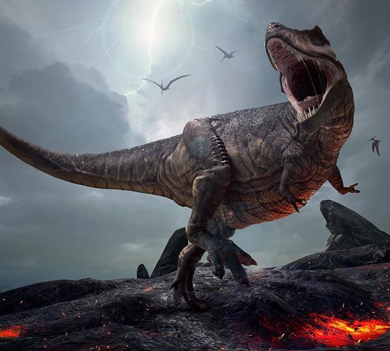 Dinosaurus T-Rex screamer volcano - Fotobehang (in banen) - 450 x 260 cm