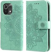 Voor Xiaomi Mi 11 7-bloemblaadje Bloemen Embossing Patroon Horizontale Flip PU Lederen Case met Houder & Kaartsleuven & Portemonnee & Fotolijst (Groen)