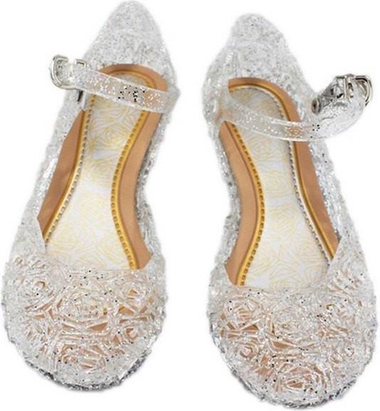 Ballerines transparentes à paillettes avec motif floral et bride à boucle.
