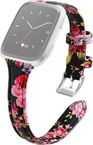 By Qubix geschikt voor Fitbit Versa 1 - 2 & Lite bandje TPU leer - Bloemenprint zwart Smartwatchbandje bandje Armband Polsband Strap Band Watchband