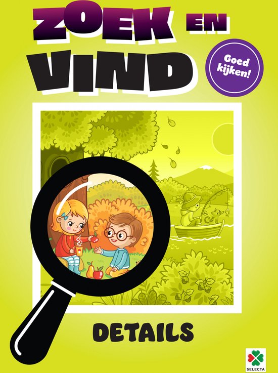 Zoek en vind: Details. Een vergrootglas toont een jongen met een bril en een meisje in een bosrijke omgeving.