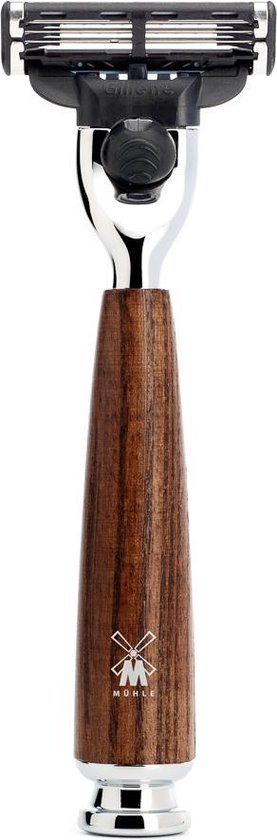 MÜHLE scheermes met essenhouten handvat en chroomafwerking. Gillette Mach3.