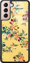 Samsung S21 Plus hoesje glass - Bloemen geel flowers | Samsung Galaxy S21 Plus  case | Hardcase backcover zwart