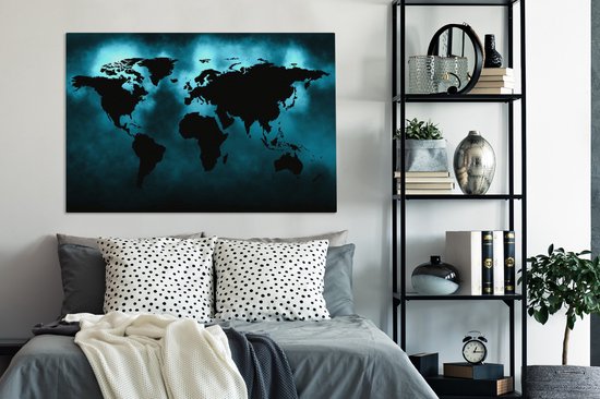 Carte du monde noire sur fond sombre en bleu 120x80 cm