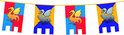 Vier wapperende banieren aan een touw: twee met rode en blauwe vlakken met gouden draken, twee met gele en blauwe vlakken met grijze draken.