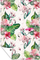 Affiche de jardin Flamingo - EB - Motif de flamants roses et feuilles et fleurs sur fond de journaux Affiche de jardin en vrac 120x180 cm - Toile de jardin / Toile d'extérieur / Peintures d'extérieur (décoration de jardin) XXL / Groot format!