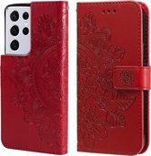 Voor Samsung Galaxy S21 Ultra 5G 7-bloemblaadje Bloemen Embossing Patroon Horizontale Flip PU Lederen Case met Houder & Kaartsleuven & Portemonnee & Fotolijst (Rood)