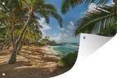 Tuindecoratie Uitzicht op de zee tussen de palmbomen op Maui - 60x40 cm - Tuinposter - Tuindoek - Buitenposter