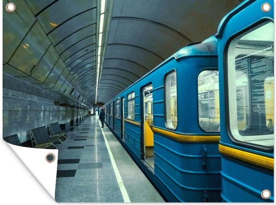 Tuin decoratie Blauw met gele metro in Kiev - 40x30 cm - Tuindoek - Buitenposter