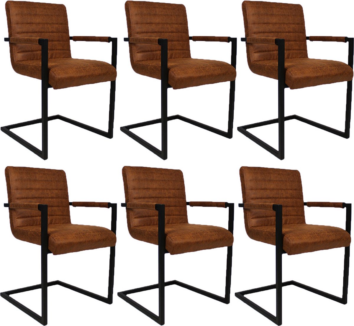 Bronx71® Industriële eetkamerstoel Block Cognac Eco-Leer - Eetkamerstoelen set van 6 - stoel