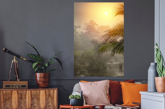 Sticker Muursticker Palmier - Paysage avec brouillard et palmiers - 80x120 cm - feuille autocollante - sticker mural repositionnable