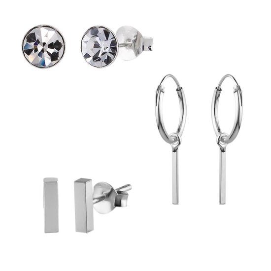 Cadeau vrouw | Zilveren oorbellen | Set van zilveren oorbellen, kristal en staafjes