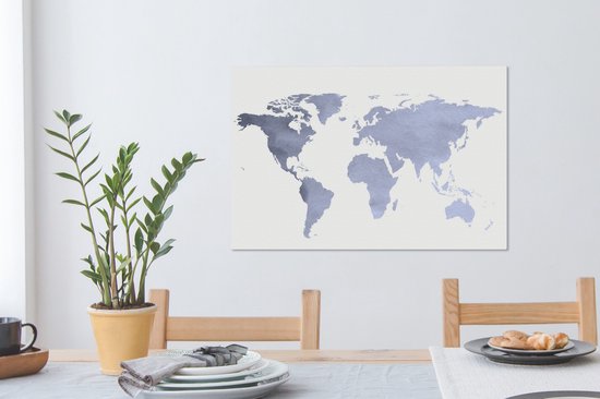 Wereldkaart avec des couleurs bleu violet et un motif texturé sur fond blanc 60x40 cm