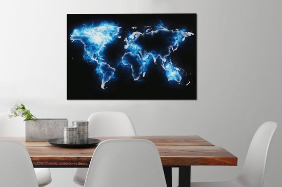 Wereldkaart en bleu électrique sur fond noir 60x40 cm