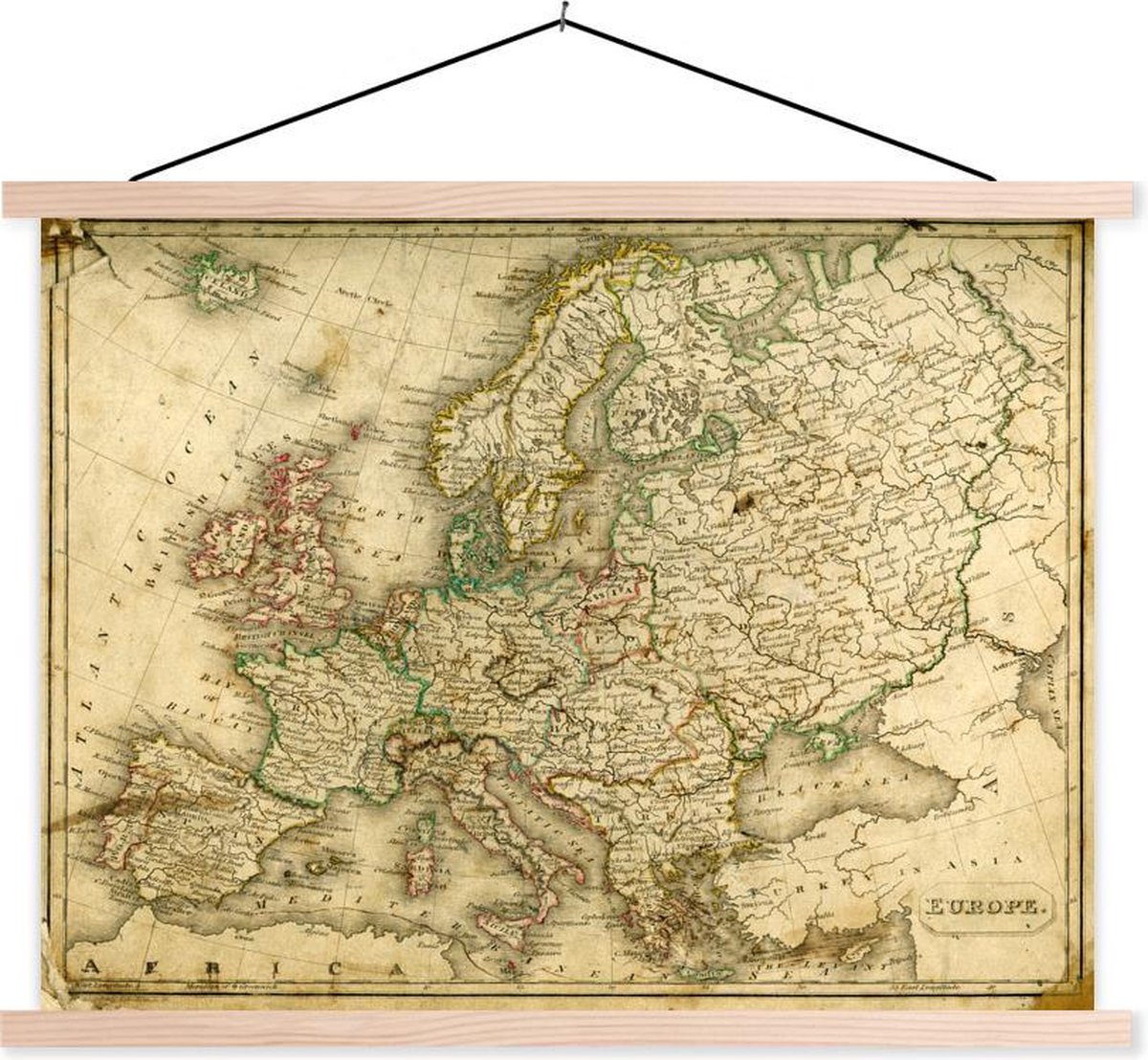 Posterhanger incl. Poster 150x113 cm - Schoolplaat - Groezelige wereldkaart van Europa - Textielposter - Blanke latten