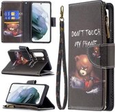 Voor Samsung Galaxy S21 FE Gekleurde Tekening Patroon Rits Horizontale Flip Leren Case met Houder & Kaartsleuven & Portemonnee (Beer)