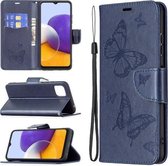 Voor Samsung Galaxy A22 5G Embossing Twee Vlinders Patroon Horizontale Flip PU Lederen Case met Houder & Kaartsleuf & Portemonnee & Lanyard (Blauw)