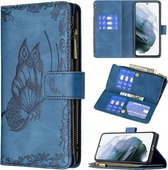 Voor Samsung Galaxy S21 FE Flying Butterfly Embossing Pattern Rits Horizontale Flip Leather Case met houder & kaartsleuven & portemonnee (blauw)