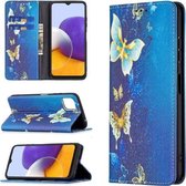 Voor Samsung Galaxy A22 5G Gekleurde Tekening Patroon Onzichtbare Magnetische Horizontale Flip PU Lederen Case met Houder & Kaartsleuven & Portemonnee (Gouden Vlinders)