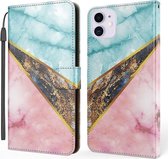 Marmeren horizontale flip TPU + PU lederen hoes met houder en kaartsleuven en portemonnee en draagkoord voor iPhone 11 (blauw roze)