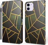 Marmeren horizontale flip TPU + PU lederen hoes met houder en kaartsleuven en portemonnee en draagkoord voor iPhone 11 (zwart groen)