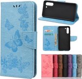 Voor Samsung Galaxy S21 FE vlinders reliëf horizontale flip lederen tas met houder & kaartsleuven & portemonnee (blauw)