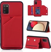 Voor Samsung Galaxy A02s (Amerikaanse versie) Skin Feel PU + TPU + pc Achterkant Schokbestendig hoesje met kaartsleuven en houder & fotolijst (rood)