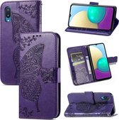 Voor Samsung Galaxy A02 Butterfly Love Flower Reliëf Horizontale Flip Leather Case met Bracket & Card Slot & Wallet & Lanyard (Dark Purple)