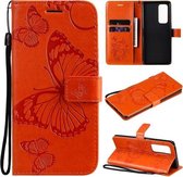 Voor OPPO Reno5 Pro + 5G / Find X3 Neo Pressed Printing Butterfly Pattern Horizontale Flip PU lederen tas met houder & kaartsleuven & portemonnee & lanyard (oranje)
