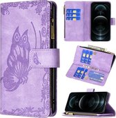 Voor iPhone 12 Pro Flying Butterfly Embossing Pattern Rits Horizontale Flip lederen tas met houder & kaartsleuven & portemonnee (paars)