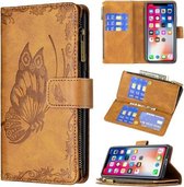 Voor iPhone XS / X Flying Butterfly Embossing Pattern Rits Horizontale Flip lederen tas met houder & kaartsleuven & portemonnee (bruin)