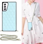 Voor Samsung Galaxy S21 + 5G Elegant Rhombic Pattern Microfiber Leather + TPU Shockproof Case met Crossbody Strap Chain (Blauw)