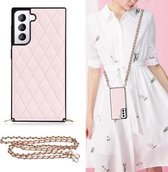 Voor Samsung Galaxy S21 5G Elegant Rhombic Pattern Microfiber Leather + TPU Shockproof Case met Crossbody Strap Chain (Roze)