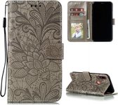 Voor Motorola Moto E7 Power Lace Flower Embossing Pattern Horizontale Flip lederen tas met houder & kaartsleuven & portemonnee & fotolijst (grijs)