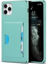 Carbon Fiber Armor Shockproof TPU + PC Hard Case met Card Slot Holder Funtion For iPhone 11 Pro Max (Lake Green)