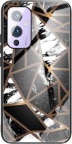 For One Plus 9 Abstract Marble Pattern Glass beschermhoes (Rhombus Black)