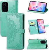 Halverwege Mandala-reliëfpatroon Horizontaal leren flip-hoesje met houder & kaartsleuven & portemonnee & draagkoord voor Xiaomi Redmi K40 / K40 Pro / K40 Pro + (groen)