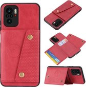 Voor Geschikt voor Xiaomi Redmi Note 10 dubbele gesp PU + TPU schokbestendige magnetische beschermhoes met kaartsleuf en houder (rood)